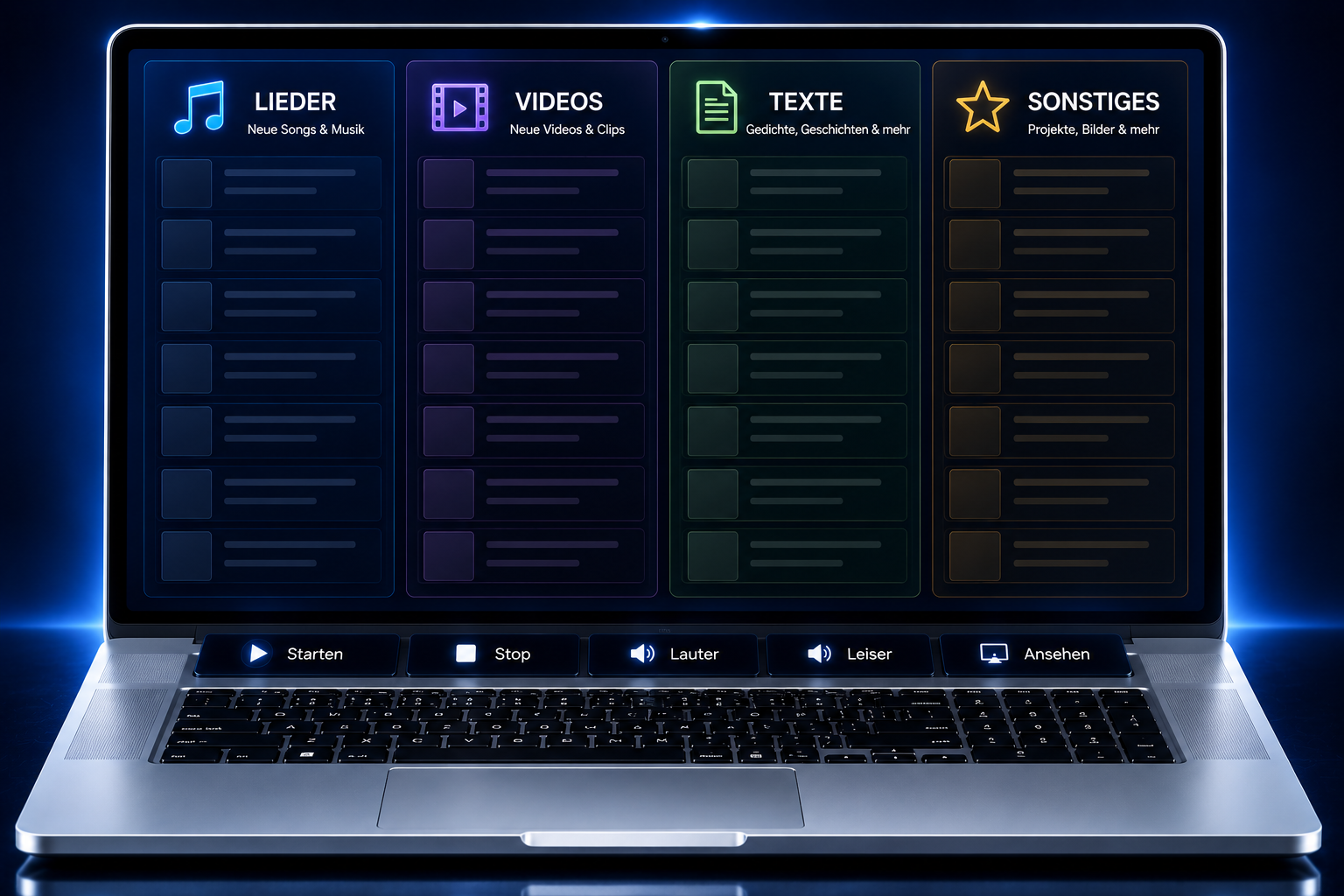 Laptop mit den Bereichen Lieder, Videos, Texte und Sonstiges
