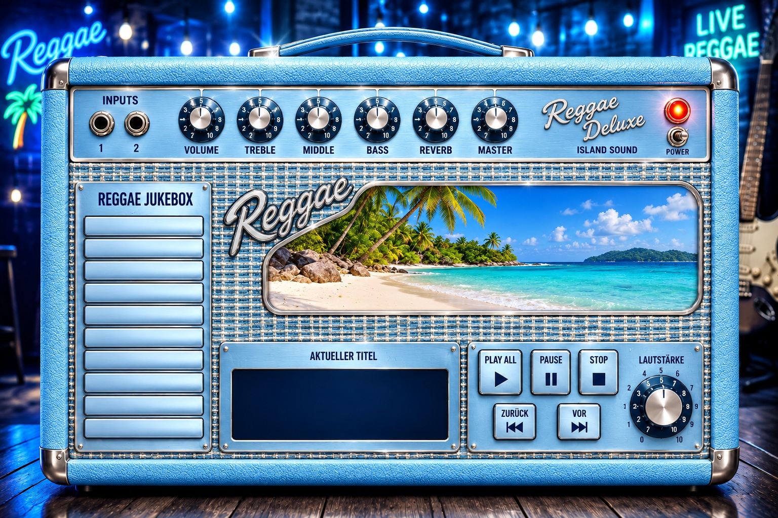 Hellblaue Reggaebox im Verstärkergehäuse mit Strandbild statt Röhren